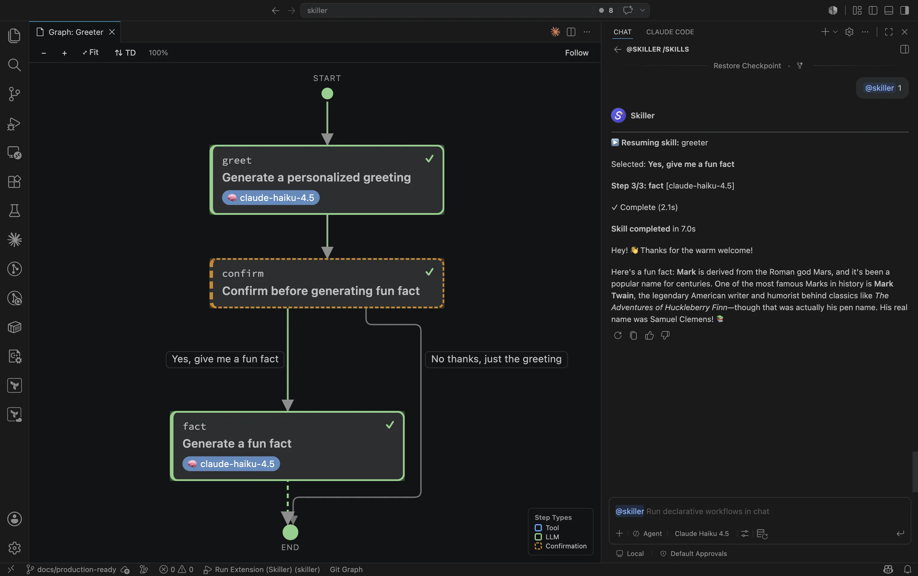 The Skiller execution graph beside the chat after a completed run: all three steps marked done, the step-type legend in the corner, and the run's result and summary in the chat panel.